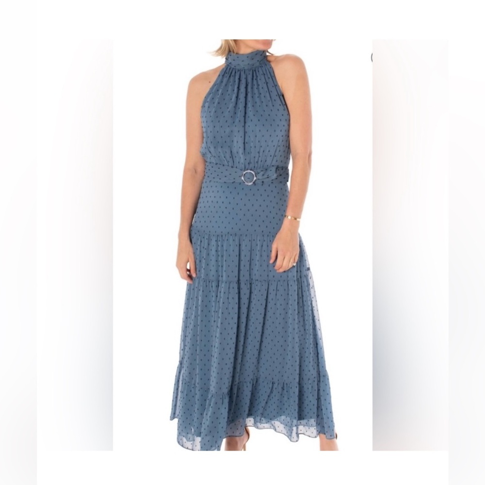 NOT FOR SALE Taylor Blue Swiss Dot Maxi Dress Size 8 Halter Belted